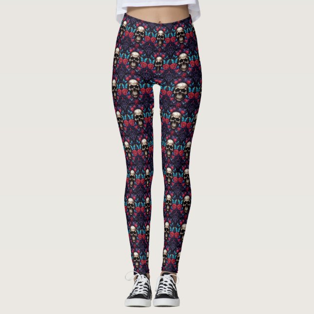 Gothischer Schädel und blaue Schmetterlinge Leggings (Vorderseite)