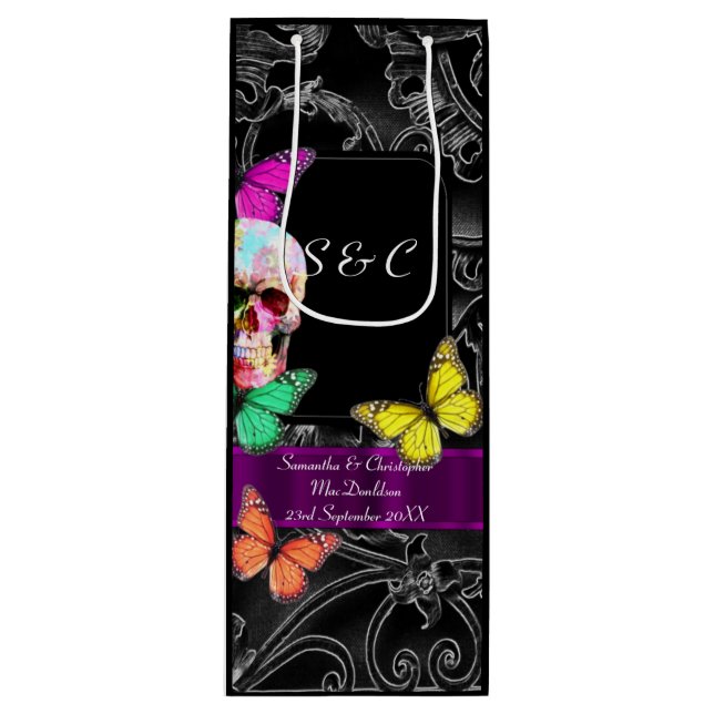 Gothischer Schädel und personalisierte Hochzeit Geschenktüte Für Weinflaschen (Vorderseite)