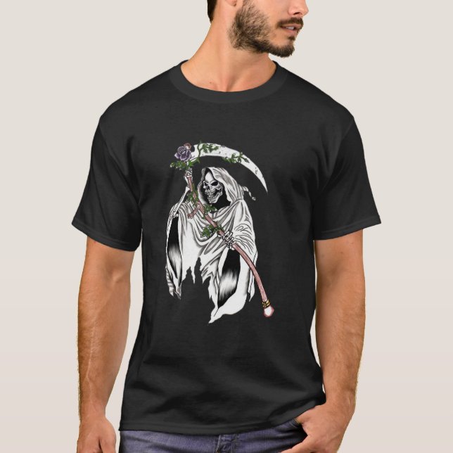 Gothischer Sensenmann mit lila Rose T-Shirt (Vorderseite)
