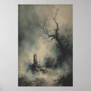 Gothisches Grab unter nebligen Bäumen Dunkles Hall Poster