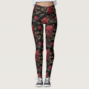 Gothisches Muster mit roten Rosen und Krähen Leggings