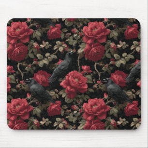 Gothisches Muster mit roten Rosen und Krähen Mousepad