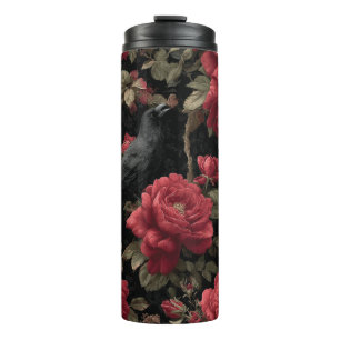 Gothisches Muster mit roten Rosen und Krähen Thermosbecher