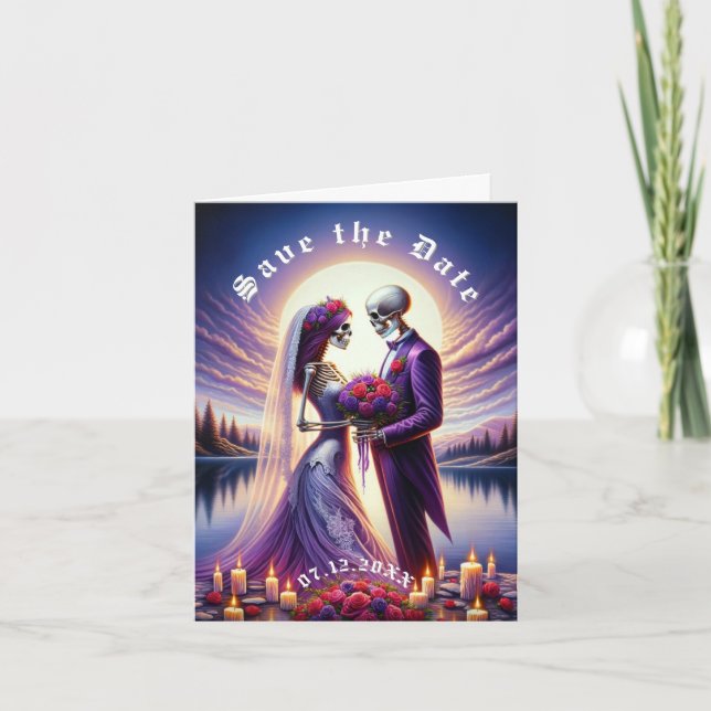 Gothisches Skelett-Paar rote Rosen Save the Date Ankündigung (Vorderseite)