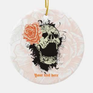 Gothschädel mit Vintag orangefarbener Rose-Sake Keramik Ornament