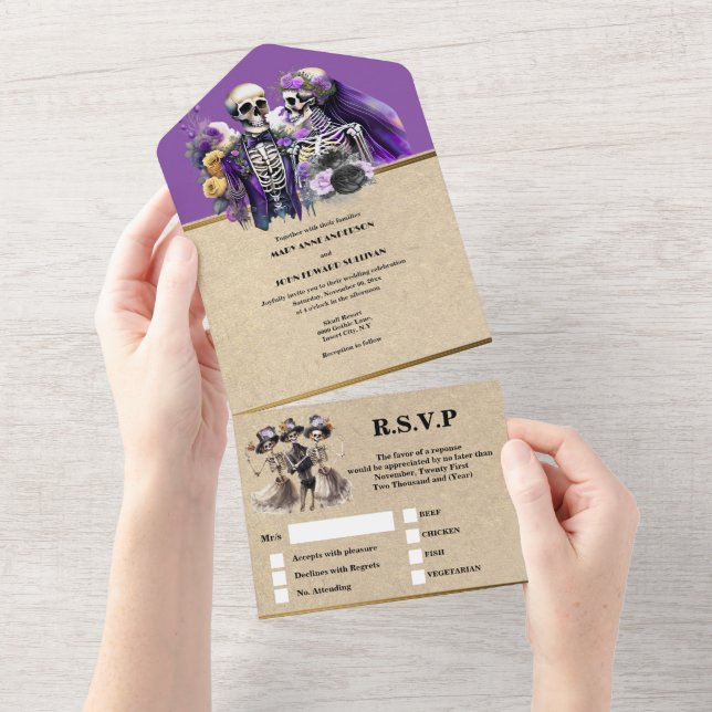 Gotik bis Tod Teil lila Brautpfauschick All In One Einladung (Abreißtisch)