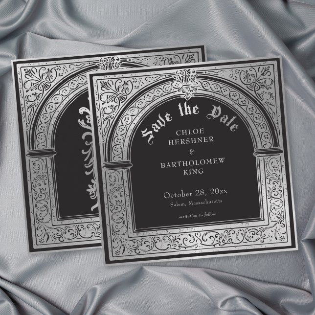 Gotisch Schwarz Silber Mittelalterliche Hochzeit Save The Date (Gothic Black Silver Medieval Wedding Save The Date)