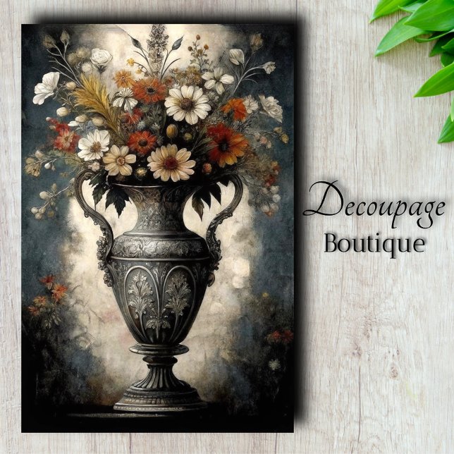 Gotische barocke Blütensilber Vase Decoupage Seidenpapier (Gothic Baroque Floral Silver Vase Decoupage Tissue Paper)