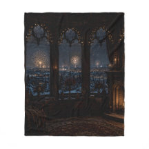 Gotische Bibliothekshalle Kamin Nacht Fleece-Decke