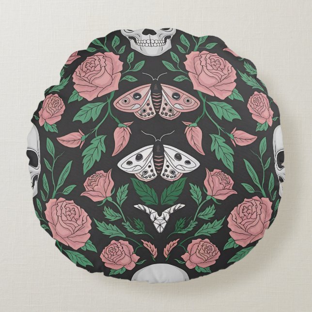 Gotische Blumen- und Schädelmuster mit Motten Rundes Kissen (Vorderseite)