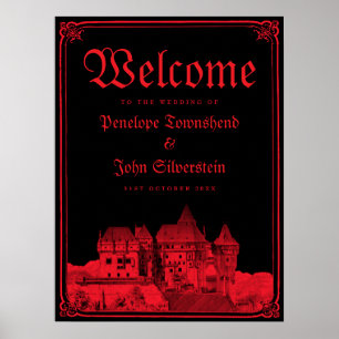Gotische Burg Grenze Schwarz Rot Hochzeits Willkom Poster