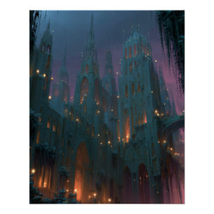 Gotische Burg unter Aurora Fantasy-Nachtkunst Poster