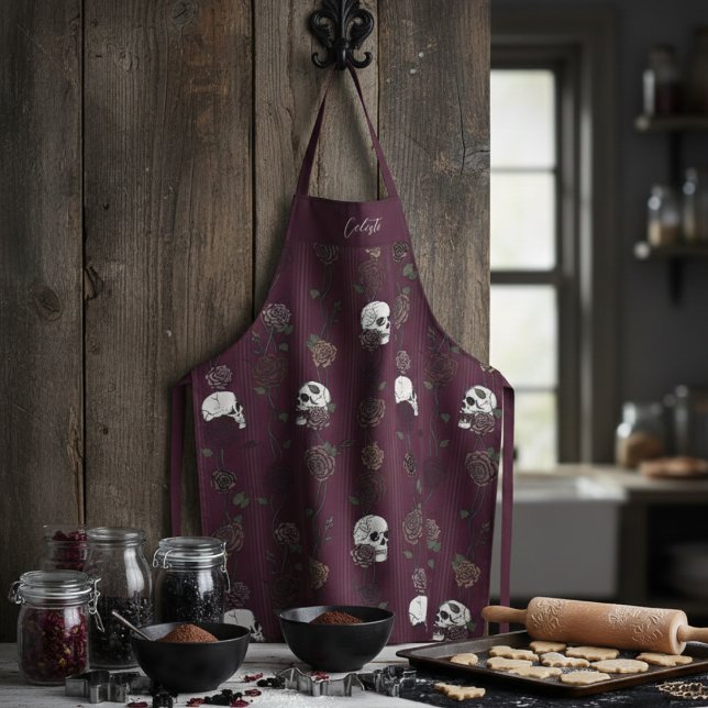 Gotische Burgunder-Blumen-Totenköpfe Schürze (Gothic Dark Floral Skulls and Roses Burgundy Apron for Her or Goth Mom with a Name)