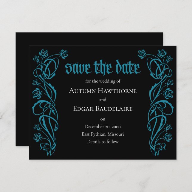 Gotische Elegante Rose Hochzeit Save The Date (Vorne/Hinten)