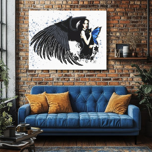 Gotische Engelsflügel Schwarze Katze Blaue Fee Leinwanddruck