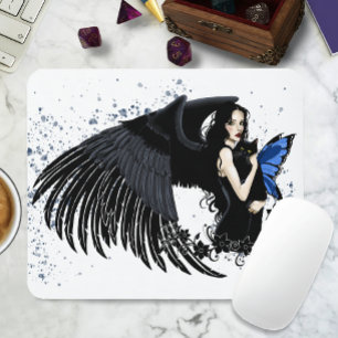 Gotische Engelsflügel Schwarze Katze Blaue Fee Mousepad