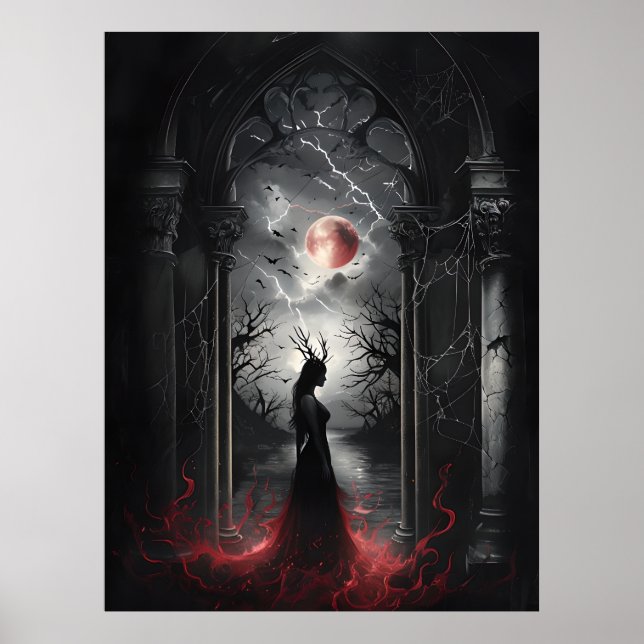 Gotische Fantasiewelt - Roter Mond Silhouette Kuns Poster (Vorne)