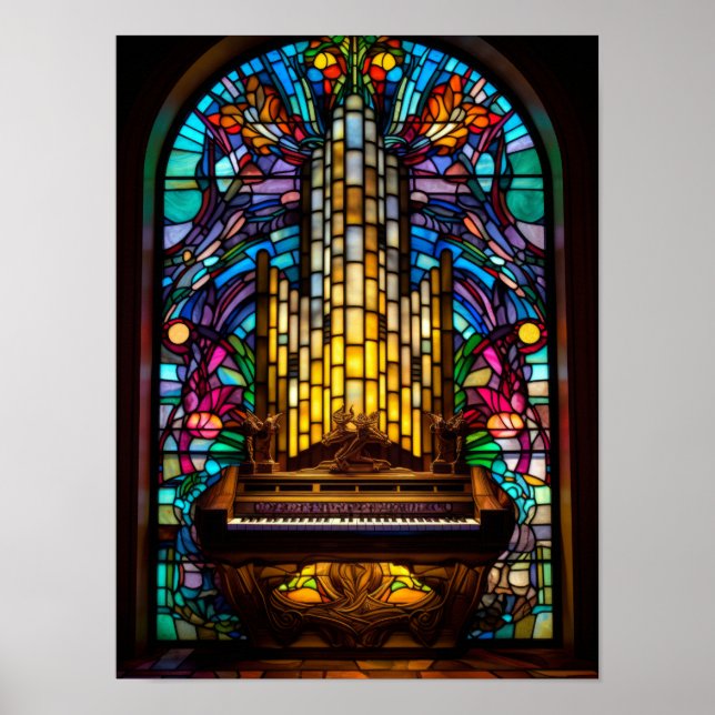 Gotische Fantasy-Kirchen-Orgel Buntglas-Kunst Poster (Vorne)