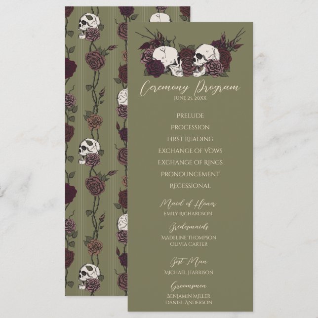 Gotische florale olivgrüne Hochzeitsprogrammkarte (Vorne/Hinten)
