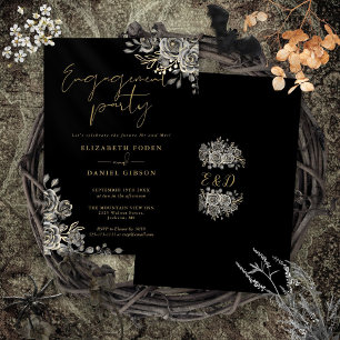 Gotische Florale Schwarz-Goldene Verlobungsparty Einladung