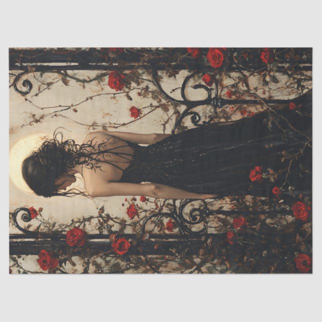 Gotische Frau im Schwarzen Kleid unter Rote Rosen Seidenpapier (Vorderseite)