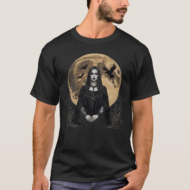 gotische Frau und ravens über den Mond T-Shirt (Vorderseite)