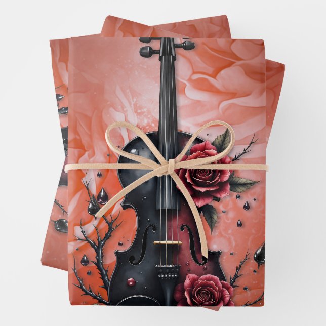 Gotische Geigenblüte mit rote Rosen Geschenkpapier Set (Beispiel)