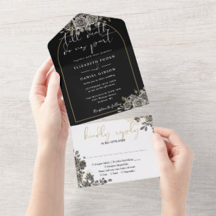 Gotische Goldene Bogen Schwarze Rosen Florale Hoch All In One Einladung