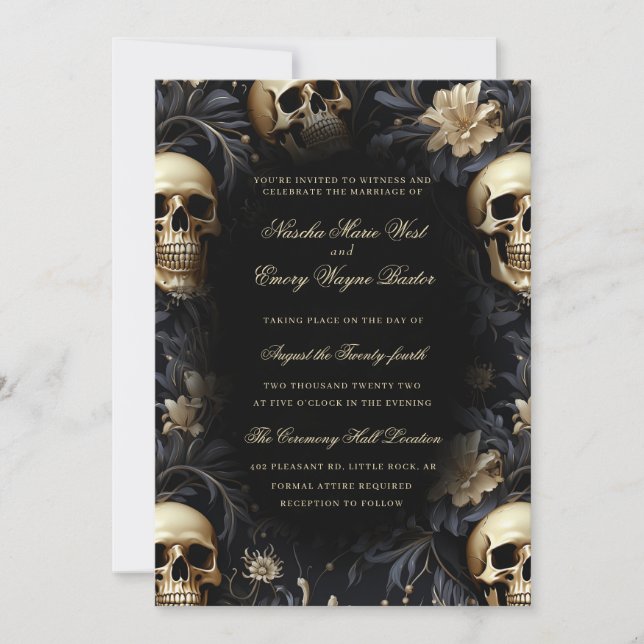 Gotische Goldene Skulls & Blume Hochzeit Einladung (Vorderseite)
