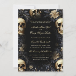 Gotische Goldene Skulls & Blume Hochzeit Einladung