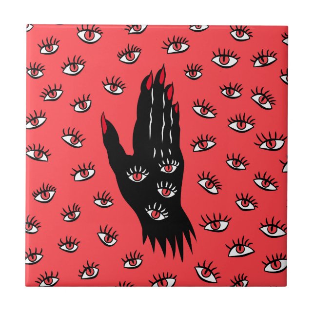 Gotische Halloween Art - Schwarze Hand Spooky Eyes Fliese (Vorderseite)