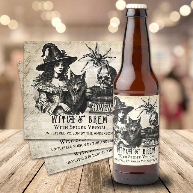 Gotische Halloween-Hexenbrauenschädel Gift Bierflaschenetikett (Funny Halloween custom beer labels, Witch's Brew, Spider venom, Unfiltered poison)