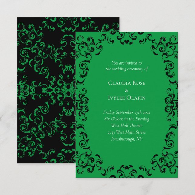 Gotische Hochzeit grün und schwarz Einladung (Vorne/Hinten)