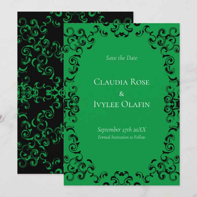 Gotische Hochzeit grün und schwarz Einladung (Vorne/Hinten)