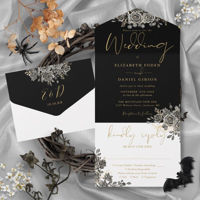 Gotische Hochzeit in Gold und Schwarz-Rose All In One Einladung (Gothic Gold And Black Roses Floral Wedding All In One Invitation)