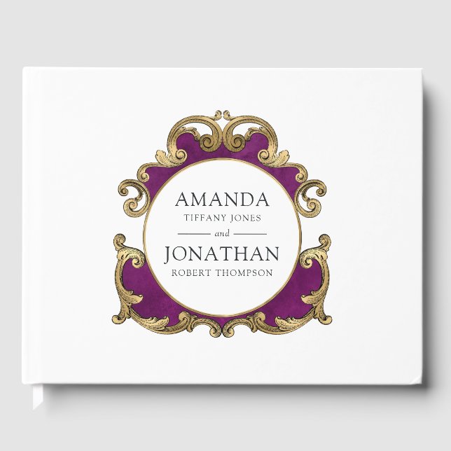 Gotische Hochzeit mit lila, schwarzer und goldblüt Gästebuch (Vorderseite)