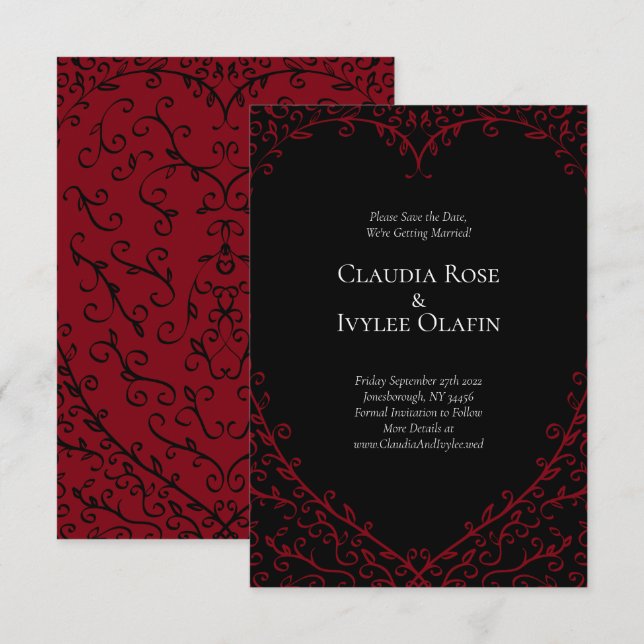 Gotische Hochzeit mit rotem und schwarzem Herz spe Einladung (Vorne/Hinten)