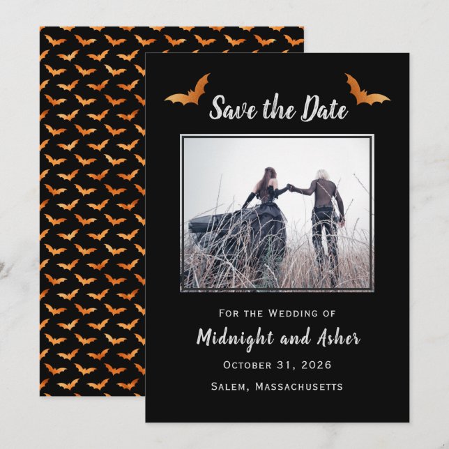 Gotische Hochzeit mit schwarzem Halloween spart da Save The Date (Vorne/Hinten)