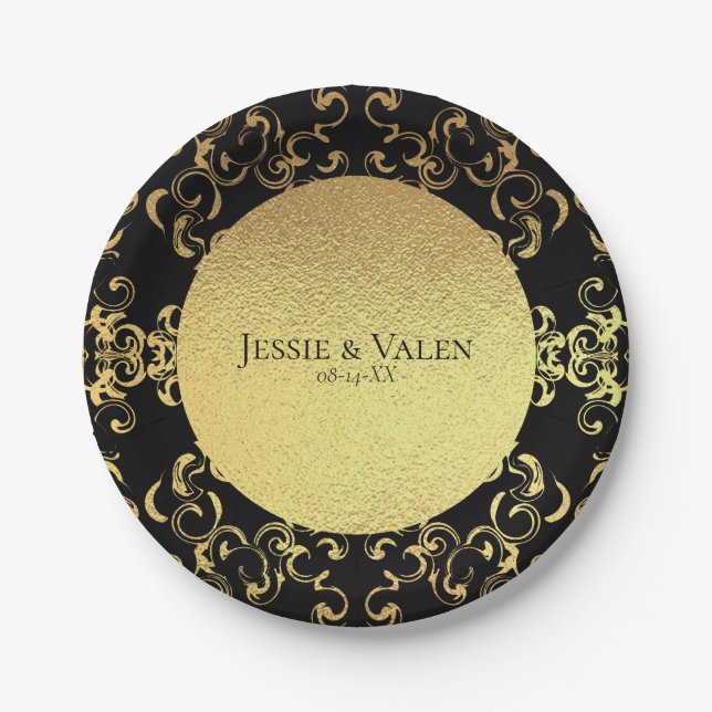 Gotische Hochzeit mit schwarzem Swirl Pappteller (Vorderseite)
