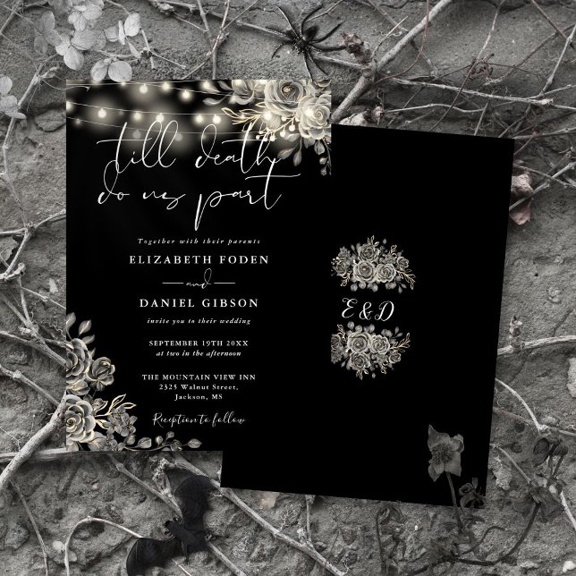 Gotische Hochzeit mit schwarzen und weißen Rosen Einladung (Black And White Roses Floral Lights Gothic Wedding Invitation)