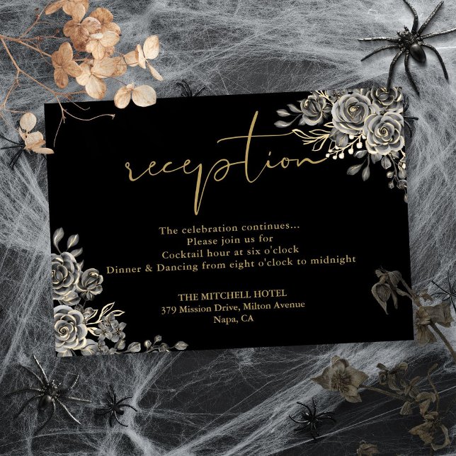 Gotische Hochzeitsempfehlung für Schwarz und Gold Begleitkarte (Black And Gold Gothic Wedding Reception Enclosure Card)