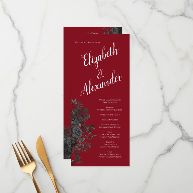 Gotische Hochzeitsprogramme in Rot und Schwarz-Ros Menükarte (Vorderseite/Rückseite Beispiel)