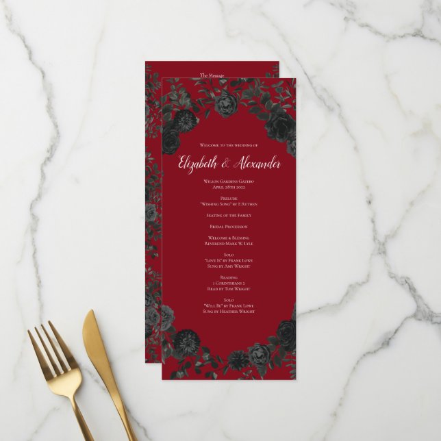 Gotische Hochzeitsprogramme in Rot und Schwarz-Ros Menükarte (Vorderseite/Rückseite Beispiel)