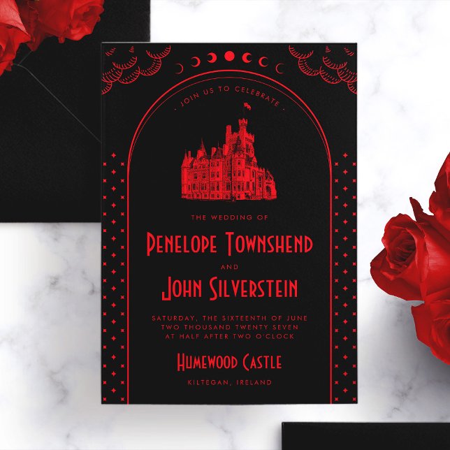 Gotische Kunst Deco Rotes Schwarzes Schloss Hochze Einladung (Gothic Art Deco Red Black Castle Wedding Invitation)