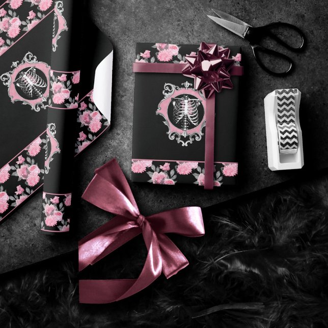Gotische Liebe | Rosa und schwarze Skelette Herz B Geschenkpapier (Von Creator hochgeladen)