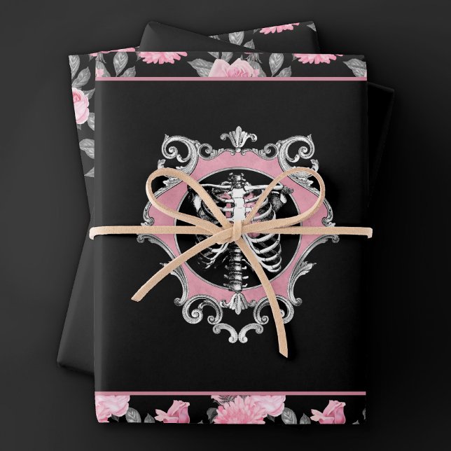 Gotische Liebe | Rosa und schwarze Skelette Herz B Geschenkpapier Set (Von Creator hochgeladen)