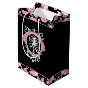 Gotische Liebe Rosa und schwarze Skelette Herz B Mittlere Geschenktüte