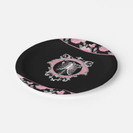 Gotische Liebe | Rosa und schwarze Skelette Herz B Pappteller
