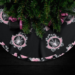 Gotische Liebe   Rosa und schwarze Skelette Herz B Polyester Weihnachtsbaumdecke
