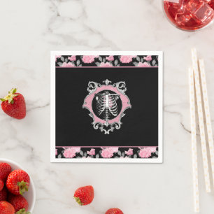 Gotische Liebe Rosa und schwarze Skelette Herz B Serviette